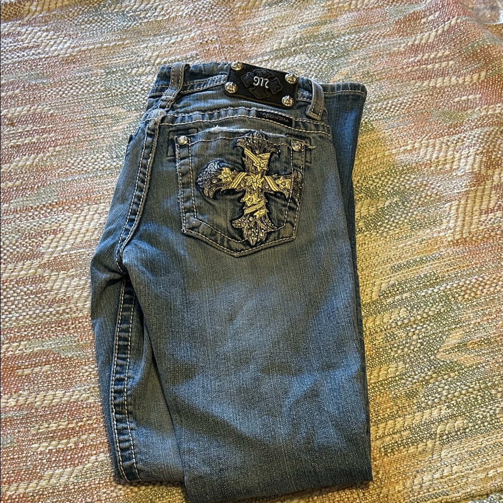 Miss Me Blue Boot Cut Jeans with Embellished Cross